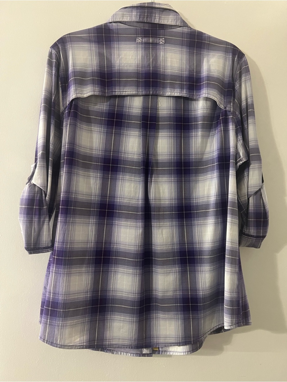 Duluth Trading Purple White Plaid Lightweight Stretch Button Front XL - Picture 3 of 5